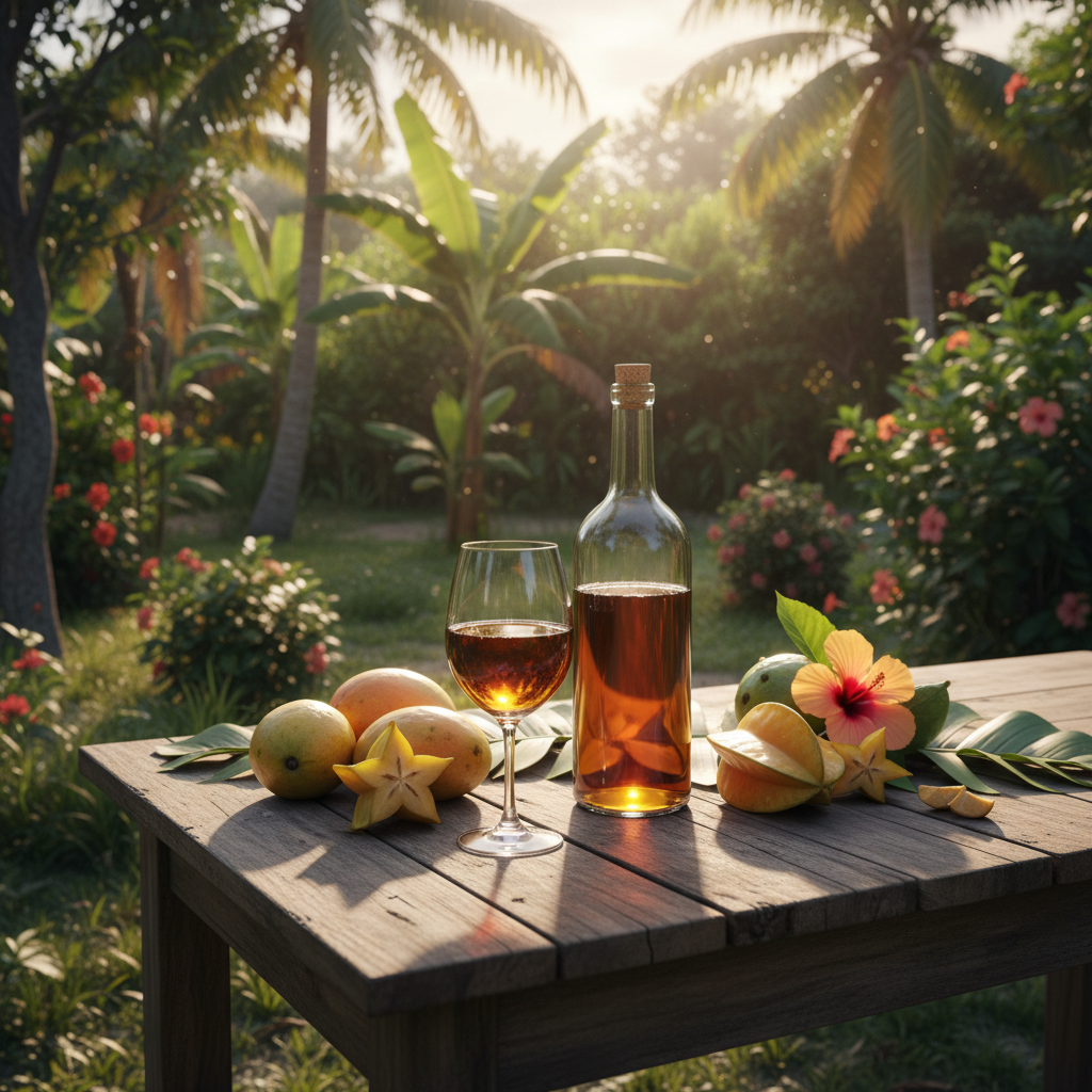 Taça de vinho de frutas tropicais de Cuba em ambiente natural, com frutas exóticas e cenário caribenho.