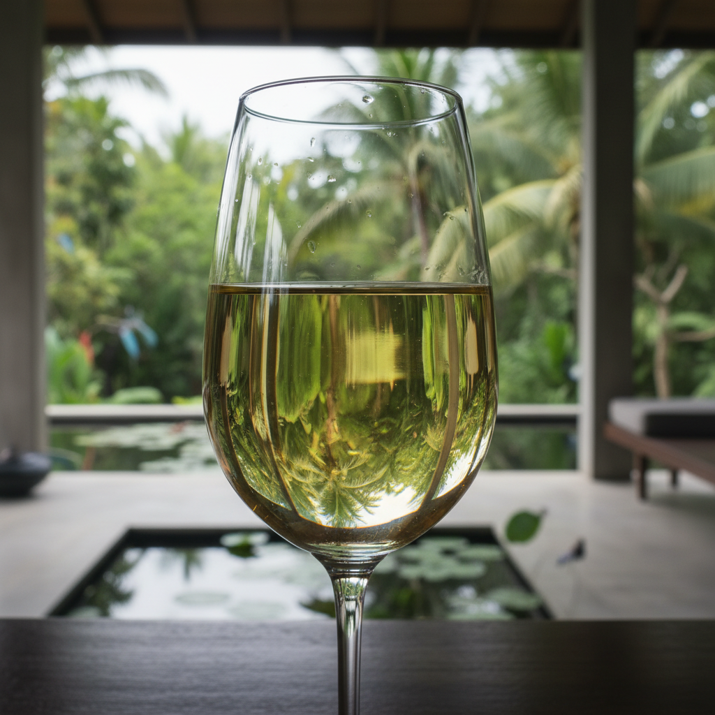 Taça de vinho de fruta tropical de Singapura em um cenário exuberante de jardim tropical, com luz natural.