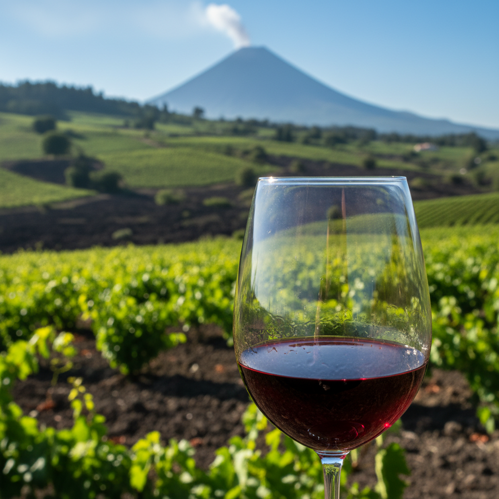 Um copo de vinho tinto com um vinhedo verdejante e montanhas vulcânicas da Guatemala ao fundo, sob um céu azul.