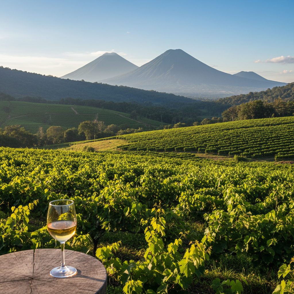Vinhedo exuberante em Guatemala com montanhas vulcânicas ao fundo e uma taça de vinho em primeiro plano.