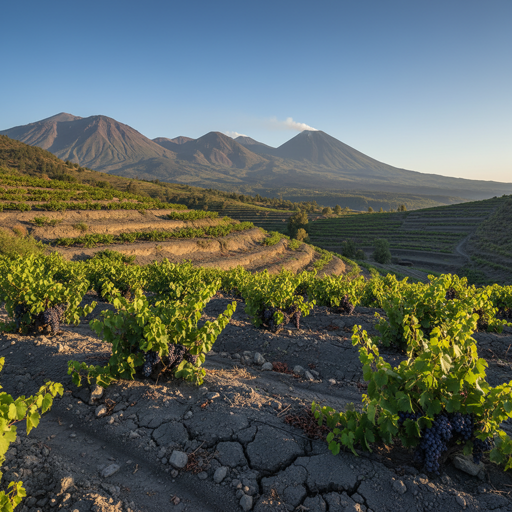 Vinhedo exuberante em encosta vulcânica na Guatemala, com solo escuro rico em minerais e majestosas montanhas vulcânicas ao fundo.