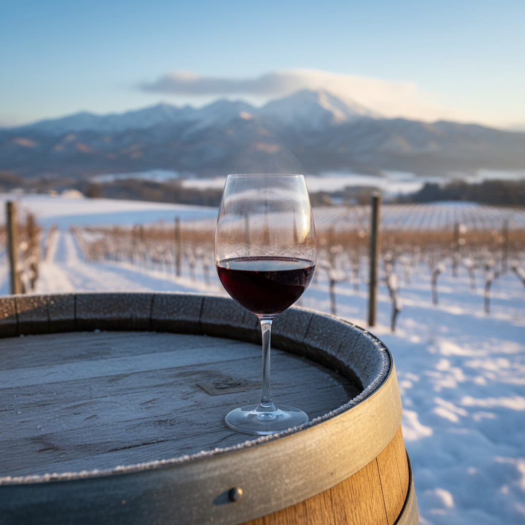 Taça de vinho tinto sobre barril de madeira com vinhedo nevado de Hokkaido e montanhas ao fundo, representando a viticultura japonesa de clima frio.