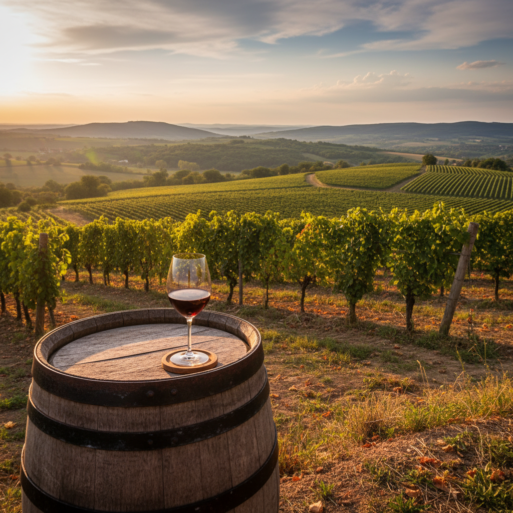 Vinhedo húngaro na região da Panônia ao entardecer, com um barril de vinho rústico e uma taça de vinho tinto.