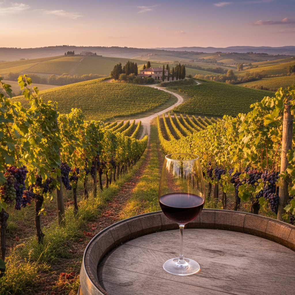 Taça de vinho em um barril de madeira, com um vinhedo húngaro ensolarado ao fundo.