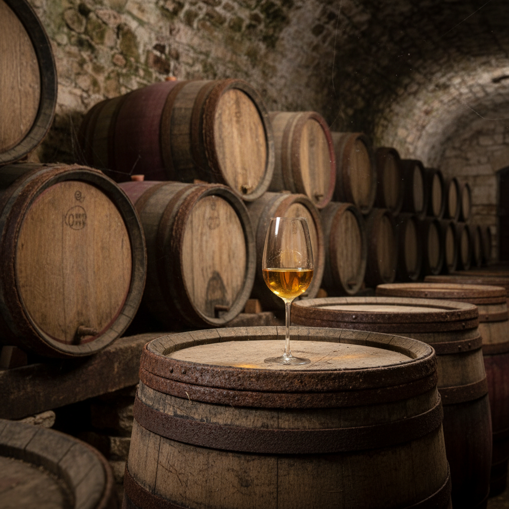 Interior de uma adega histórica húngara na região de Tokaji, com barris de carvalho antigos e uma taça de vinho dourado sobre um deles, simbolizando a riqueza e o potencial de investimento dos vinhos húngaros.