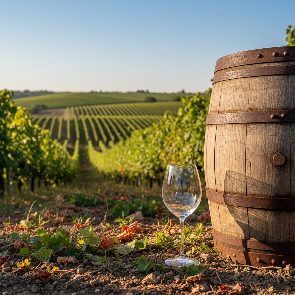 Belo vinhedo húngaro sob o sol, com um barril de vinho de madeira rústico e uma taça elegante em primeiro plano, evocando a riqueza das regiões vinícolas pouco conhecidas.