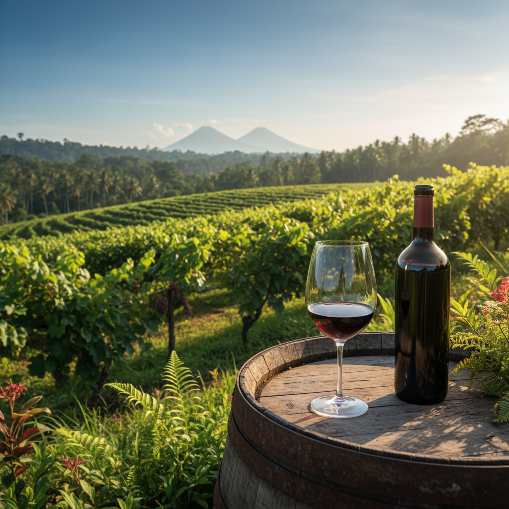 Vinhedo tropical exuberante na Indonésia com uma taça de vinho sobre um barril, simbolizando a produção local.