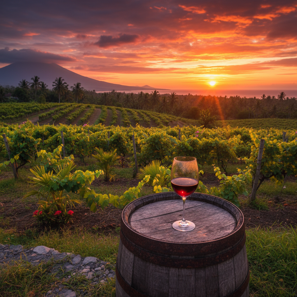 Vinhedo tropical na Indonésia ao pôr do sol, com uma taça de vinho elegante sobre um barril de madeira.