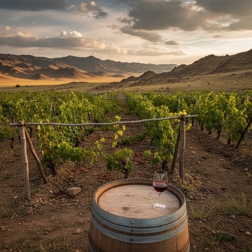 Vinhedo resiliente na paisagem vasta e árida da Mongólia, com um barril de vinho rústico, simbolizando a viticultura em clima extremo.