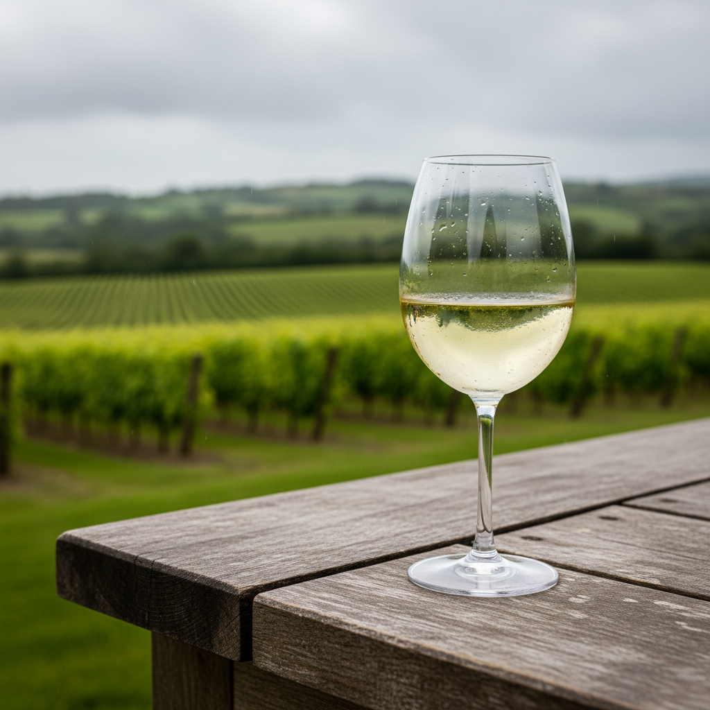 Uma taça de vinho branco com vista para um vinhedo verdejante na Irlanda sob um céu nublado.