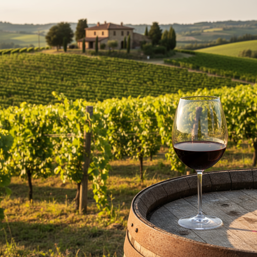 Vinhedo italiano idílico ao pôr do sol, com uma taça de vinho tinto em um barril de madeira e uma adega rústica ao fundo.