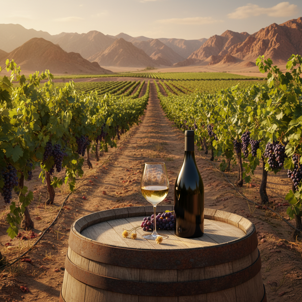 Vinhedo exuberante sob a luz dourada do pôr do sol, em um cenário árido que remete à Jordânia. Em primeiro plano, uma taça de vinho branco ou rosé, uma garrafa elegante e um barril de carvalho, transmitindo a riqueza da produção vinícola local.