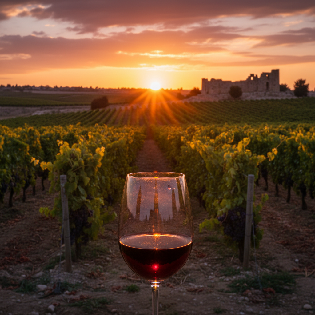 Vinhedo jordaniano ao pôr do sol com uma taça de vinho tinto em primeiro plano, destacando a beleza e a tradição vitivinícola da Jordânia.