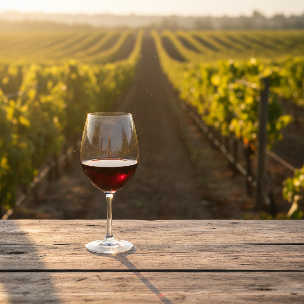 Taça de vinho tinto sobre mesa de madeira em vinhedo jordaniano ao pôr do sol.