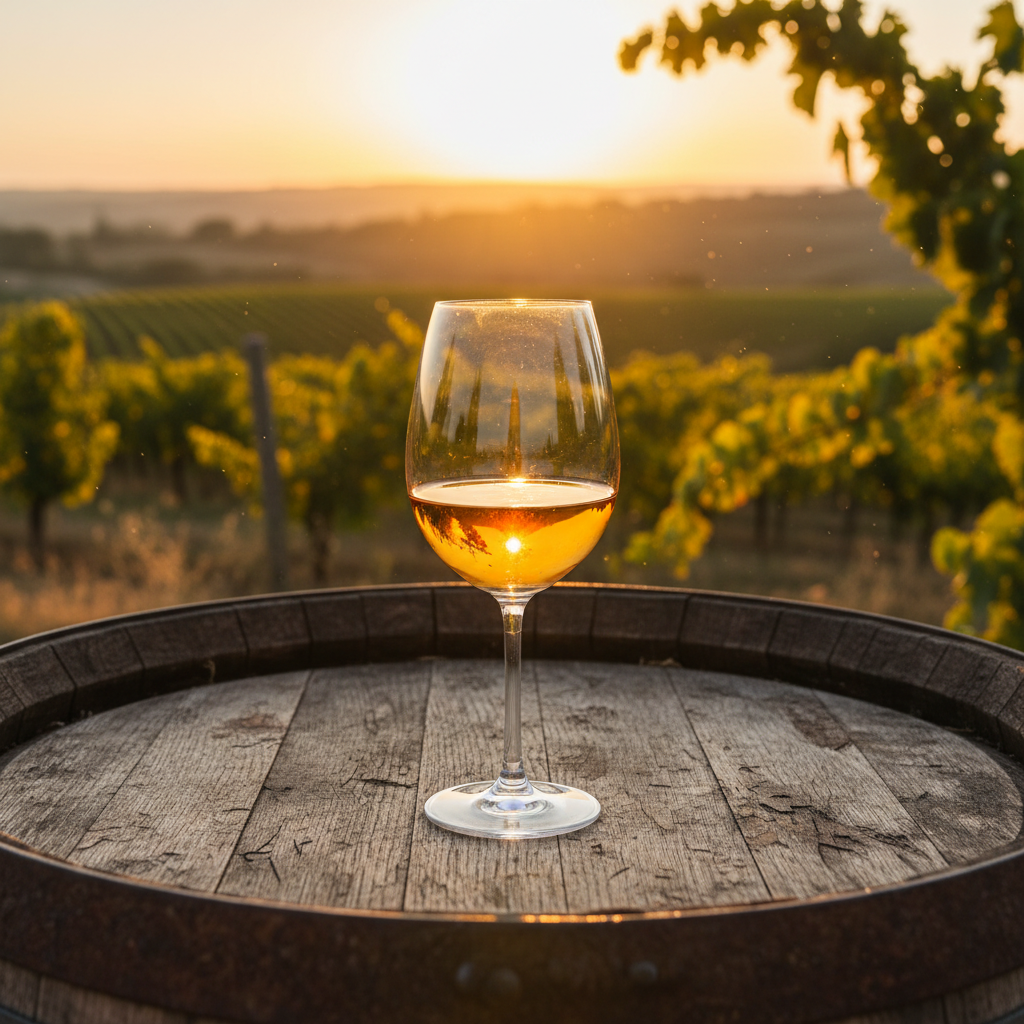 Taça de vinho laranja com reflexos âmbar sobre um barril de madeira rústico, com um vinhedo ensolarado desfocado ao fundo.