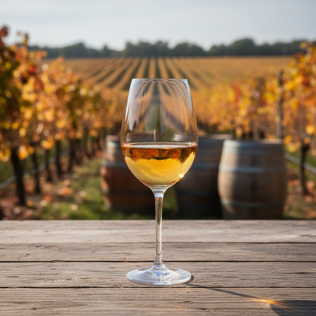 Taça de vinho laranja com reflexos dourados sobre mesa de madeira rústica, com vinhedo ensolarado e barris ao fundo.