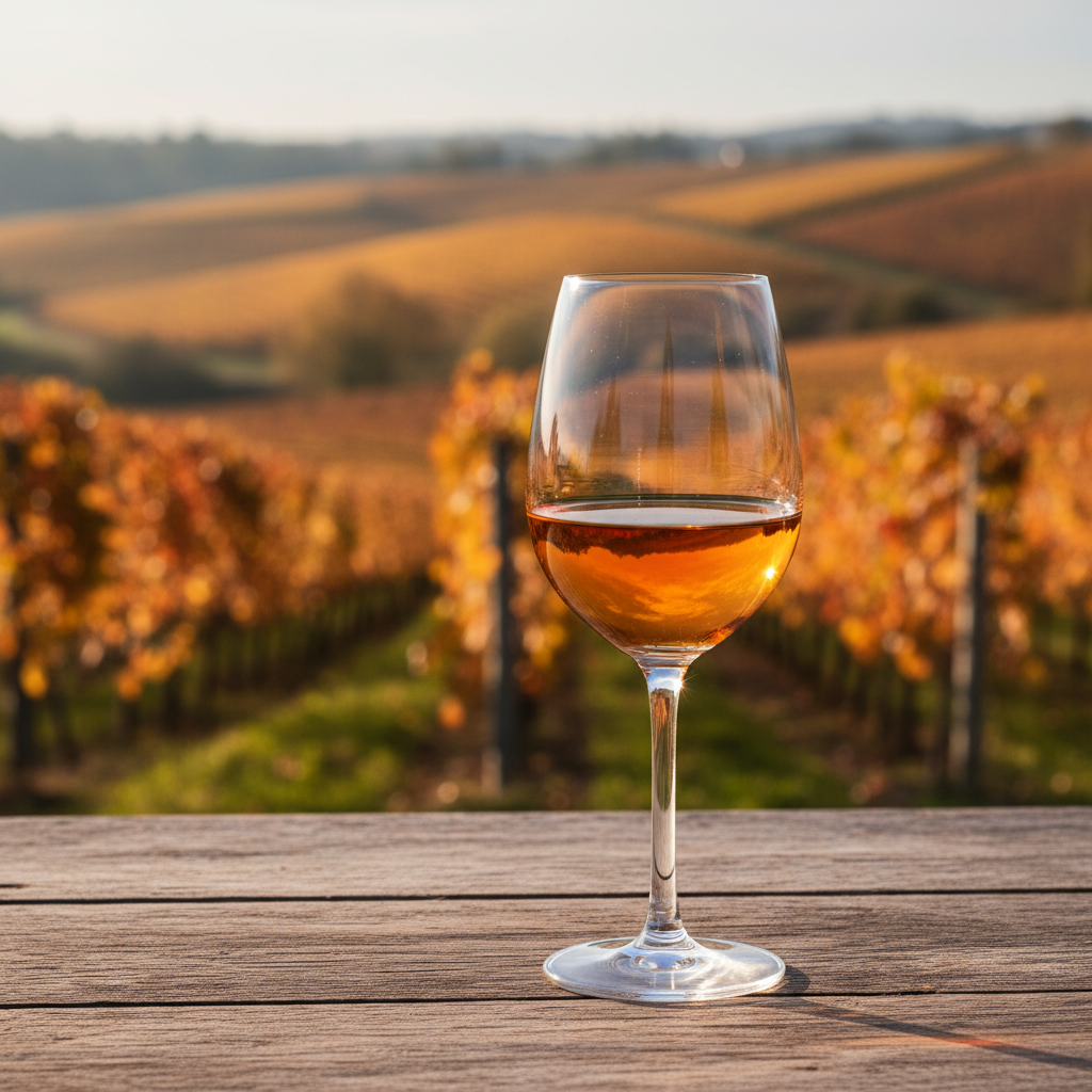 Taça de vinho laranja de cor âmbar em uma mesa de madeira rústica, com um vinhedo dourado e colinas ao fundo, sob luz natural.