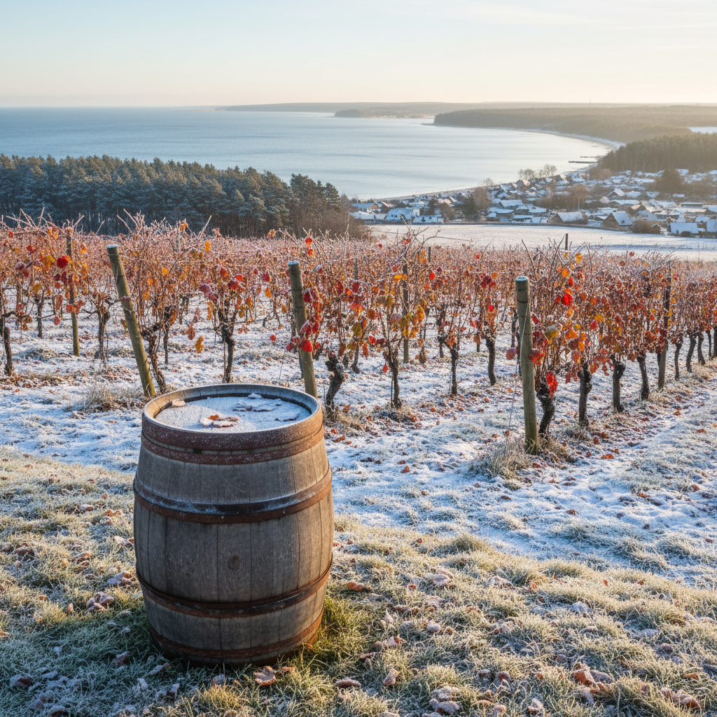 Vinhedo letão com vinhas resistentes ao frio, talvez com neve ou folhas de outono, à beira de uma paisagem báltica tranquila e um barril de madeira rústico.