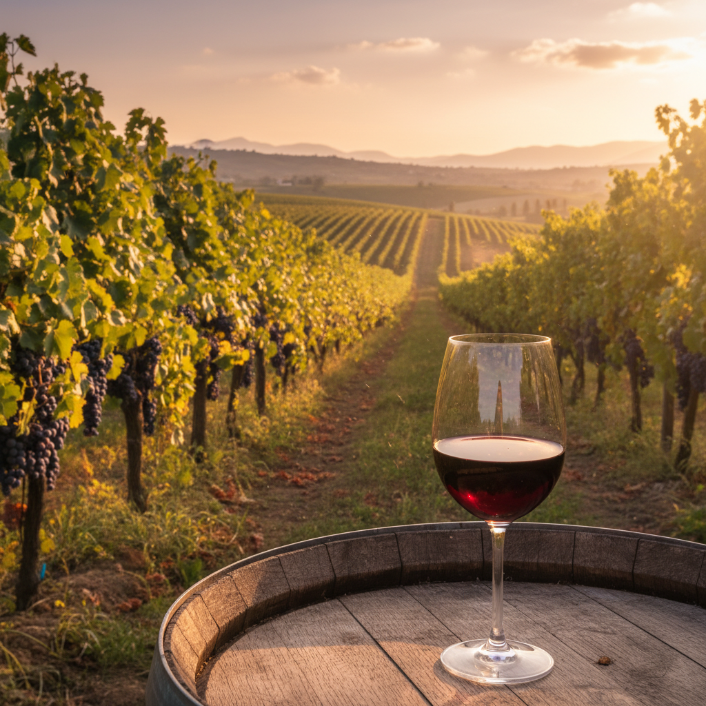 Vista panorâmica de um vinhedo libanês ao pôr do sol, com uma taça de vinho tinto sobre um barril de madeira rústico.