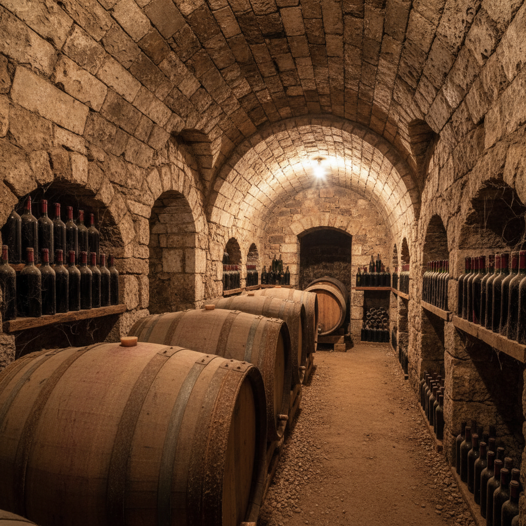 Garrafas de vinho libanês de guarda em uma adega antiga de pedra, com barris de carvalho ao fundo, simbolizando investimento e valorização.