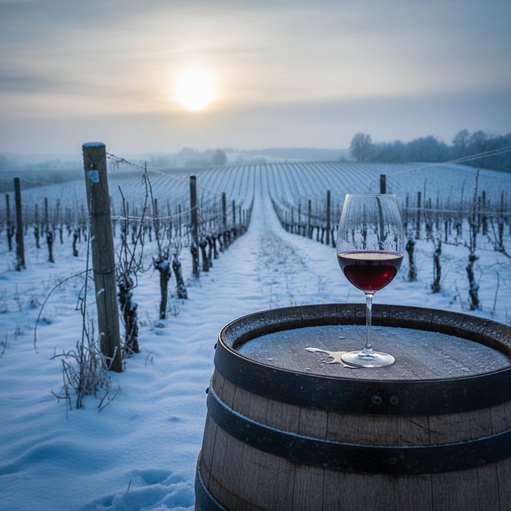 Vinhedo lituano coberto de neve no inverno, com um barril de vinho de madeira e uma taça elegante, simbolizando a viticultura de clima frio.