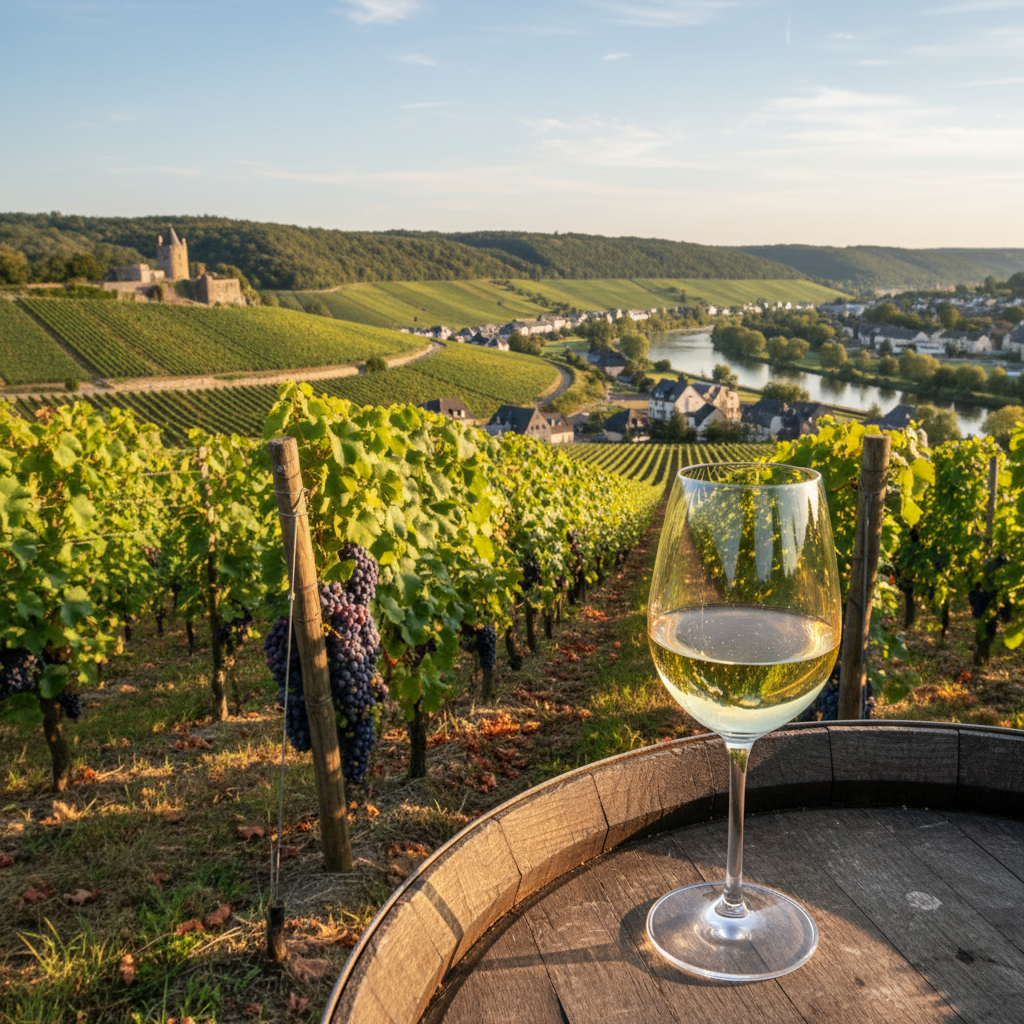 Vinhedos exuberantes no Vale do Mosela em Luxemburgo, com um copo de vinho branco elegante em primeiro plano, simbolizando a crescente qualidade dos vinhos luxemburgueses no cenário global.
