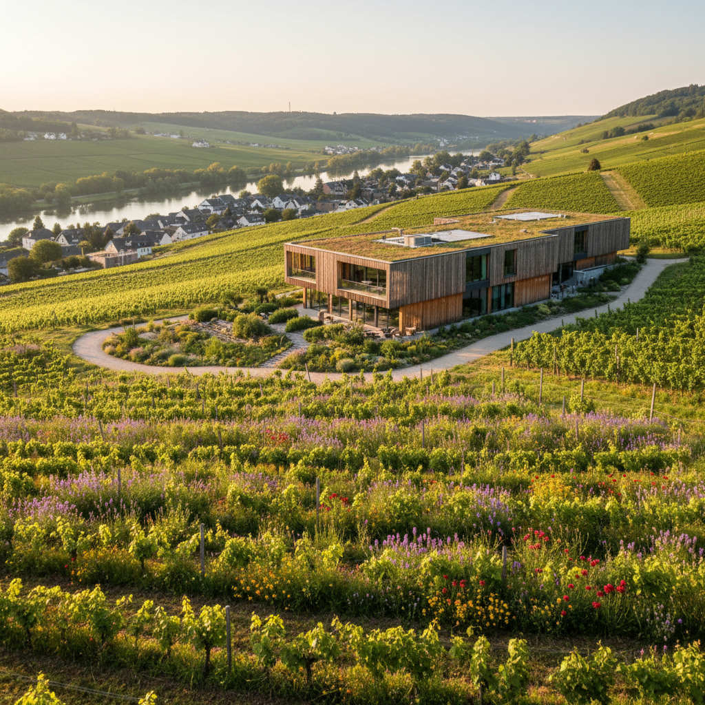 Vinhedos sustentáveis na região do Mosela em Luxemburgo, com videiras exuberantes e flores silvestres entre as fileiras, sob a luz dourada do sol.