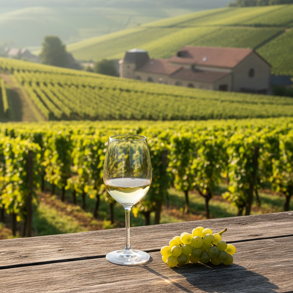 Vinhedo ensolarado no Vale do Mosela em Luxemburgo, com uma taça de vinho branco e uvas frescas em primeiro plano, e uma adega tradicional ao fundo.