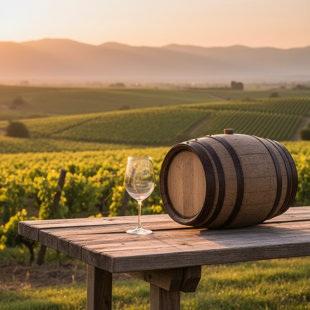 Paisagem de vinhedo na Macedônia do Norte, com taça de vinho sobre barril de madeira e parreiras ao fundo.