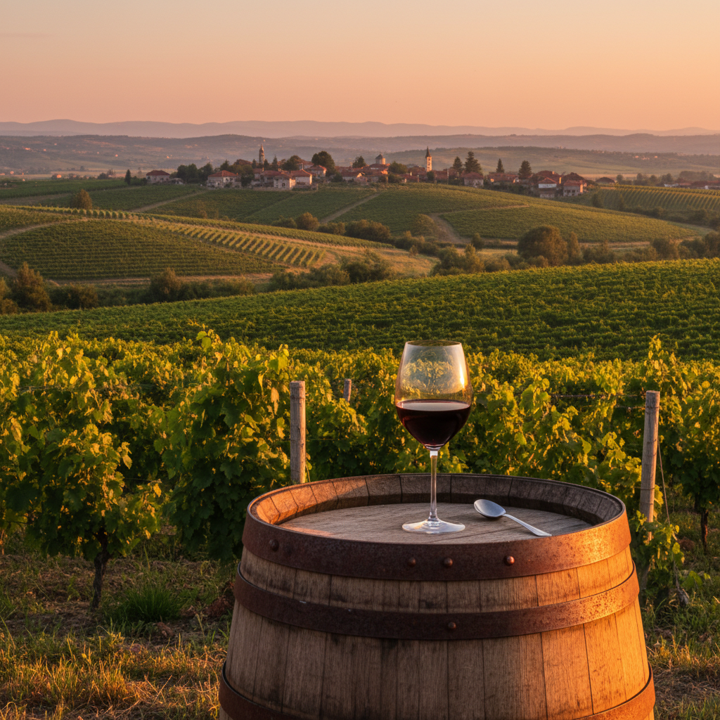 Vinhedo exuberante na Macedônia do Norte ao pôr do sol, com um copo de vinho tinto sobre um barril de madeira, simbolizando a tradição e a qualidade vinícola da região.