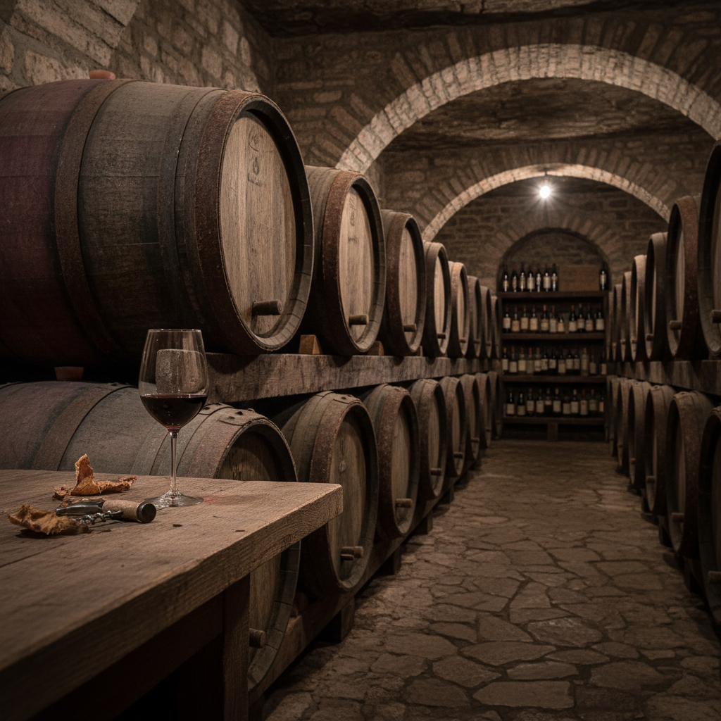 Adega tradicional da Macedônia do Norte com barris de carvalho e taça de vinho tinto.