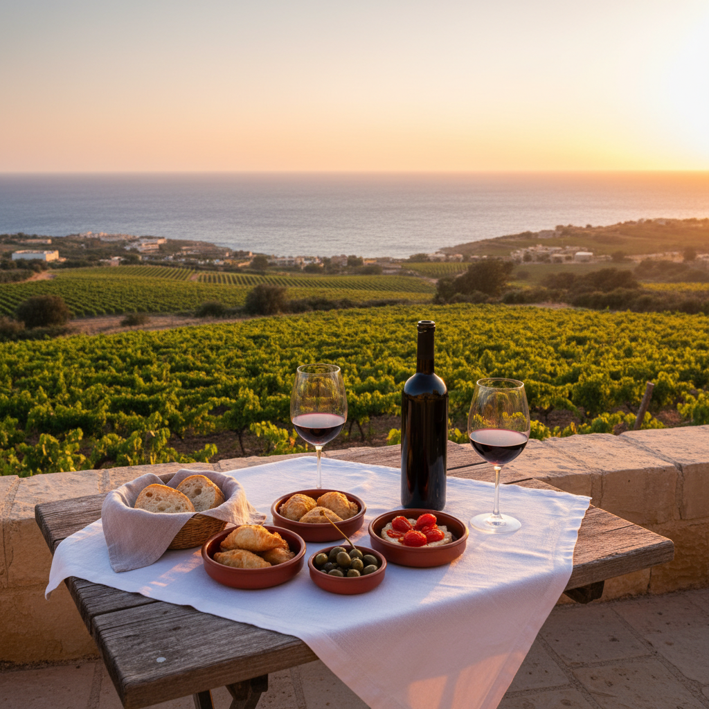 Mesa posta com vinho maltês e pratos locais em um terraço com vista para o Mediterrâneo e vinhedos de Malta ao pôr do sol.