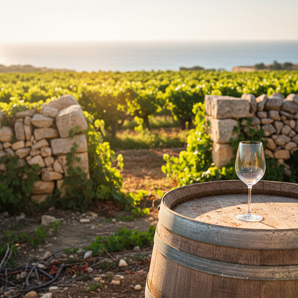 Vinhedo de Malta com vinhas verdes, mar Mediterrâneo ao fundo, e um barril de vinho com uma taça, sob luz suave do entardecer.