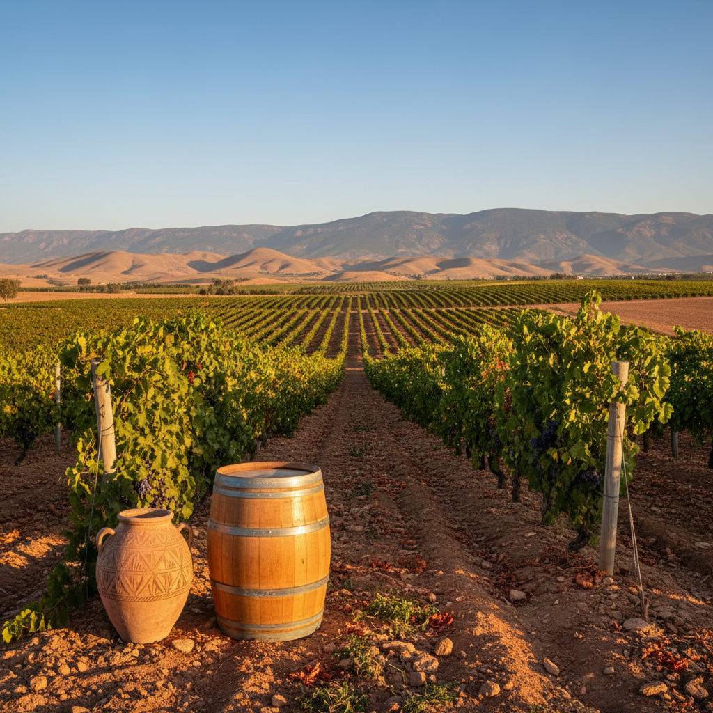 Vinhedo ensolarado em Marrocos com barris de vinho, simbolizando a tradição e o terroir da região.