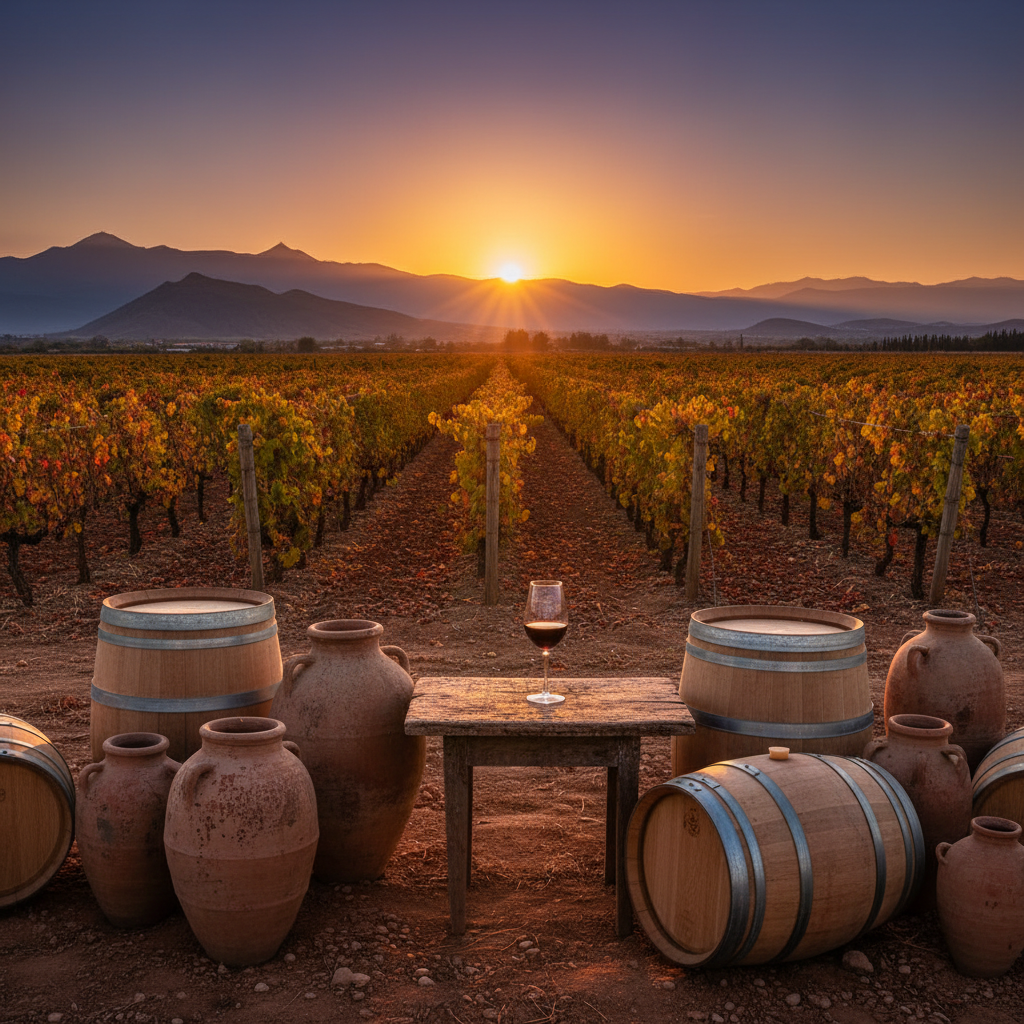 Vinhedo marroquino ao pôr do sol, com barris de carvalho e uma taça de vinho na mesa rústica, refletindo a cultura vinícola do Marrocos.