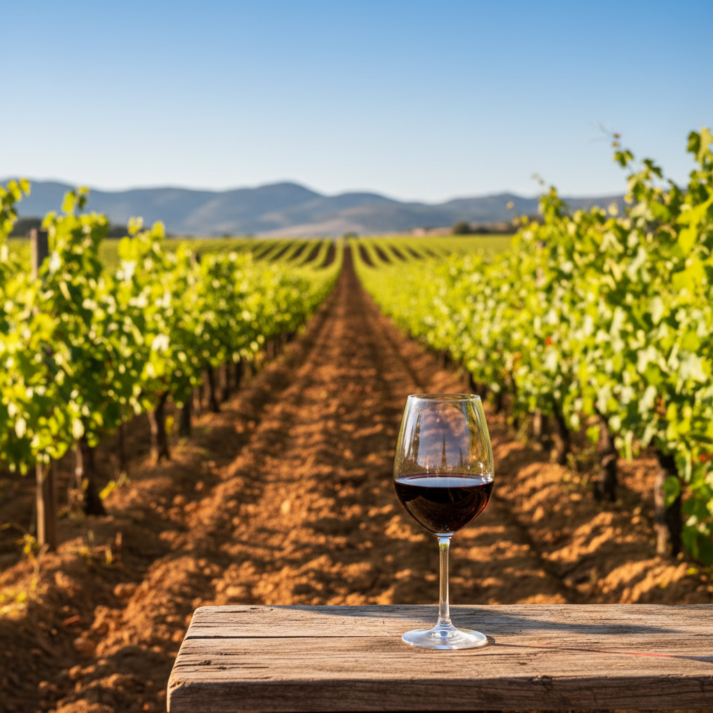 Vinhedo marroquino ensolarado com colinas ao fundo e uma taça de vinho tinto em primeiro plano, simbolizando a fusão de sol e elegância.