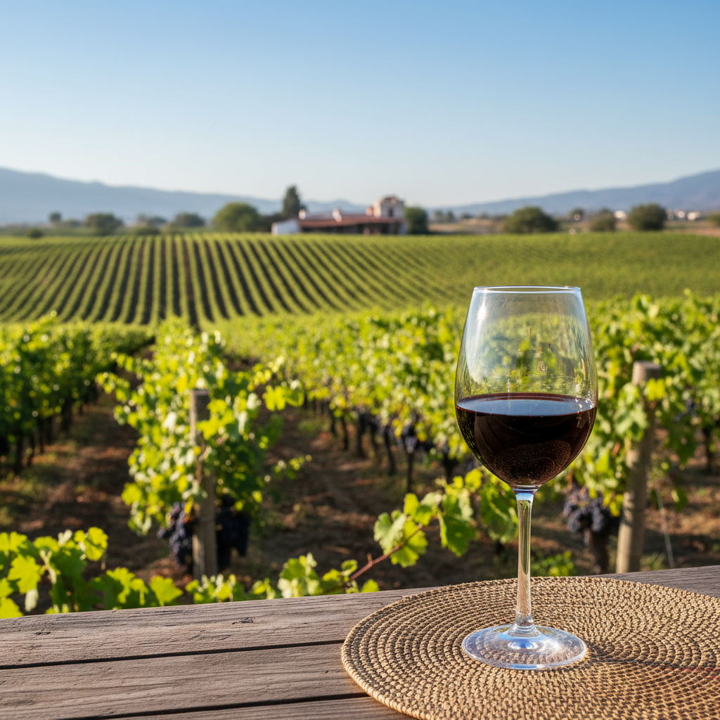 Taça de vinho tinto sobre uma mesa rústica em um vinhedo mexicano ensolarado, com as videiras ao fundo.