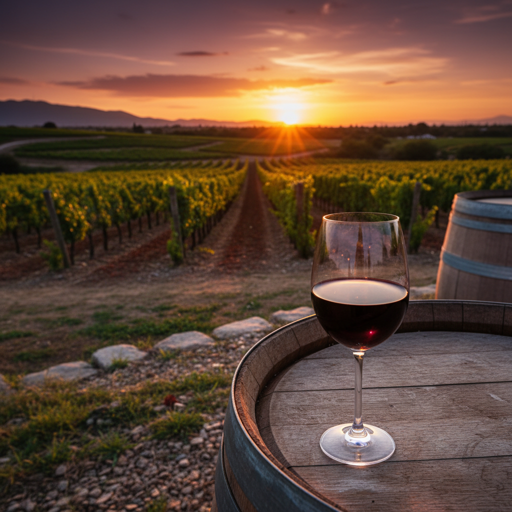 Vinhedo mexicano luxuoso ao pôr do sol, com taça de vinho tinto e barril de carvalho, simbolizando a exclusividade e tradição.
