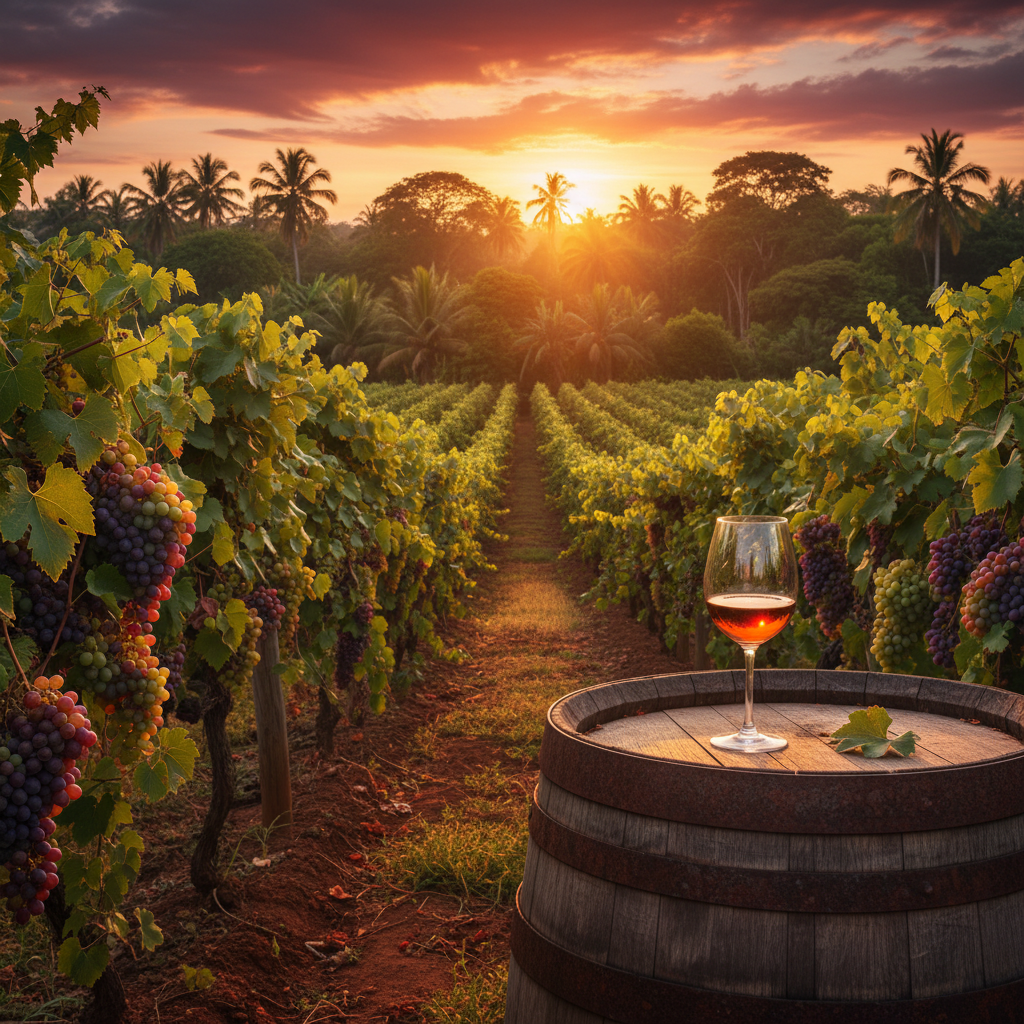 Vinhedo exuberante em Moçambique ao pôr do sol, com uma taça de vinho e barril de madeira em primeiro plano, simbolizando a fusão de tradição e exotismo.