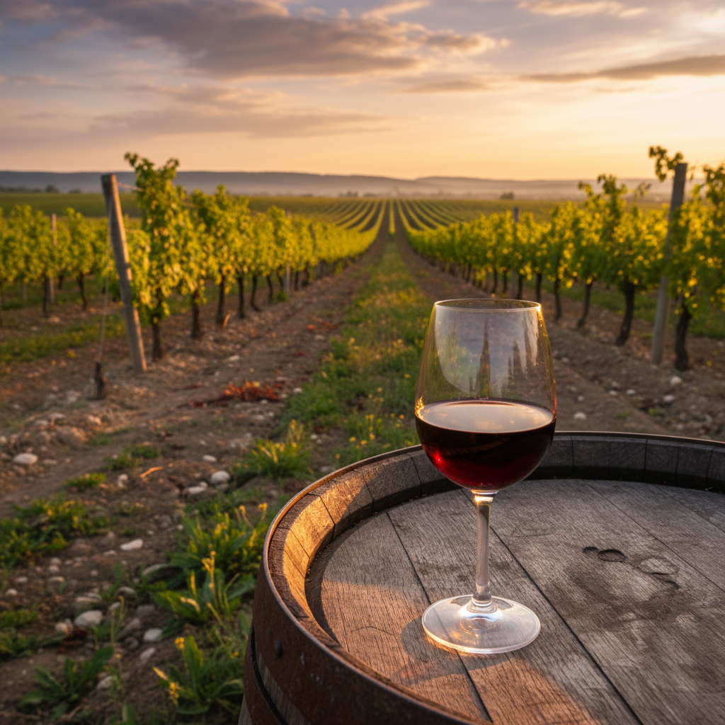 Vinhedo moldavo ao pôr do sol com um copo de vinho tinto sobre um barril de madeira, evocando a tranquilidade e a beleza da região vinícola da Moldávia.