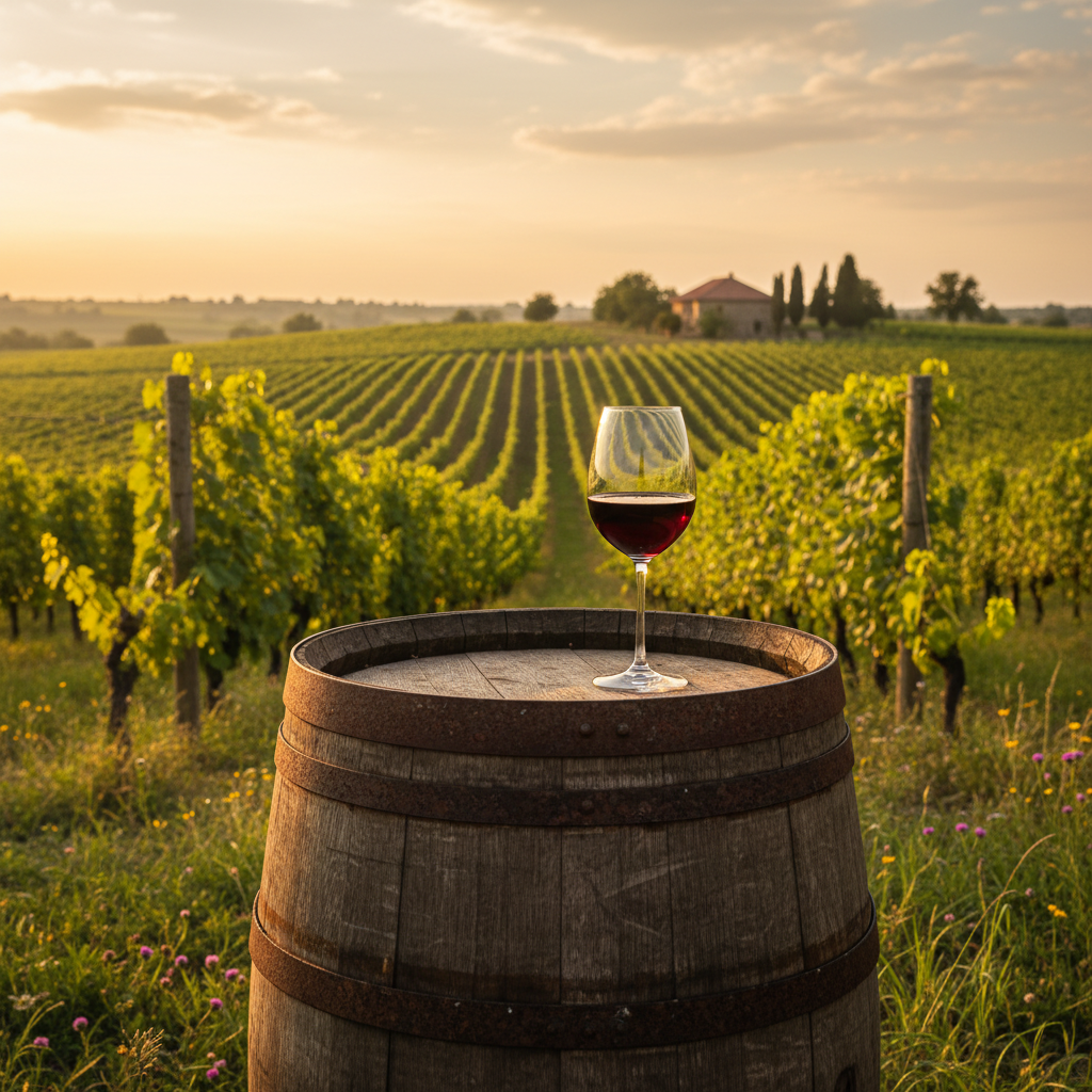 Vinhedo moldavo ao pôr do sol com taça de vinho tinto sobre barril de carvalho