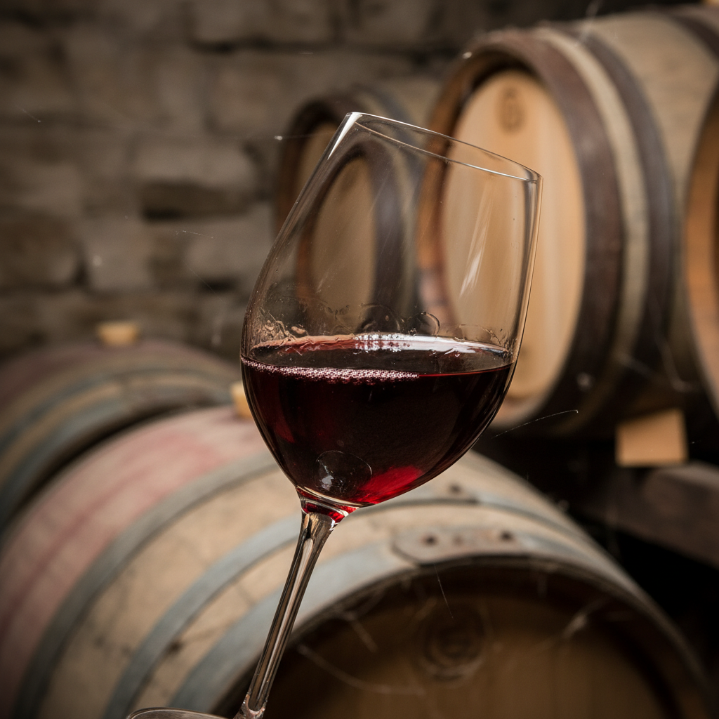 Taça de vinho tinto com reflexos de luz, e barris de carvalho antigos em adega rústica ao fundo.