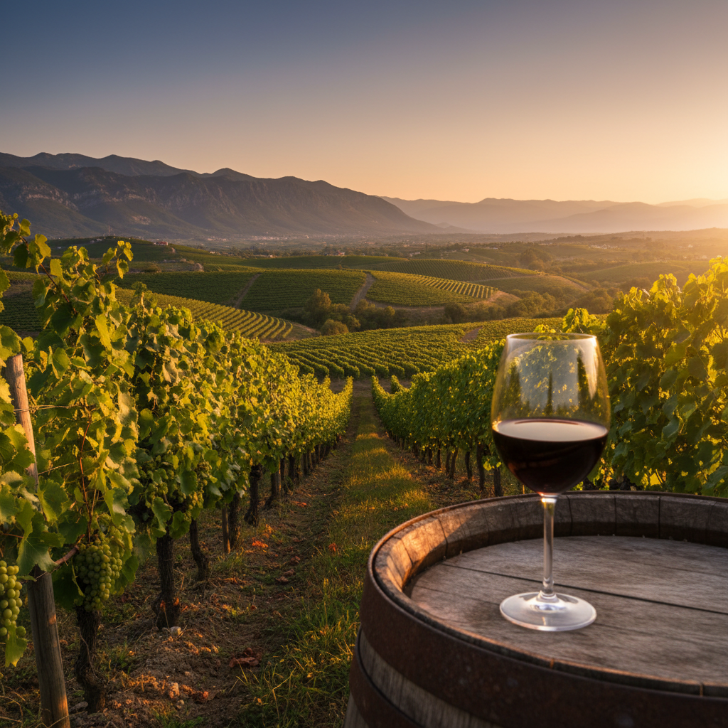 Vinhedos de Montenegro ao pôr do sol, com montanhas ao fundo e uma taça de vinho tinto sobre um barril de madeira.