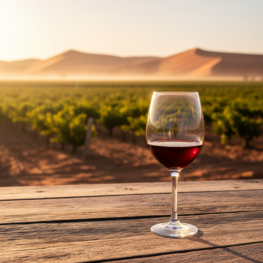 Taça de vinho em mesa de madeira rústica com vinhedo namibiano e dunas ao fundo