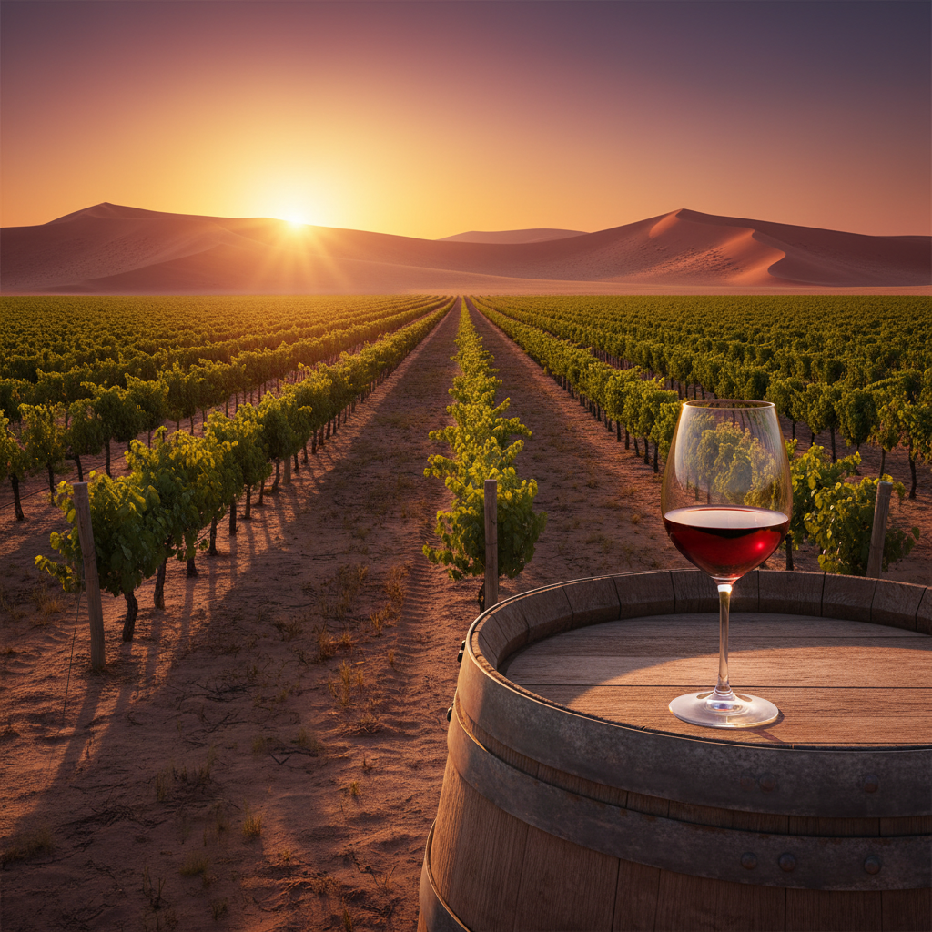 Vinhedo na Namíbia ao pôr do sol, com dunas ao fundo e uma taça de vinho sobre um barril, simbolizando a emergência da viticultura local.