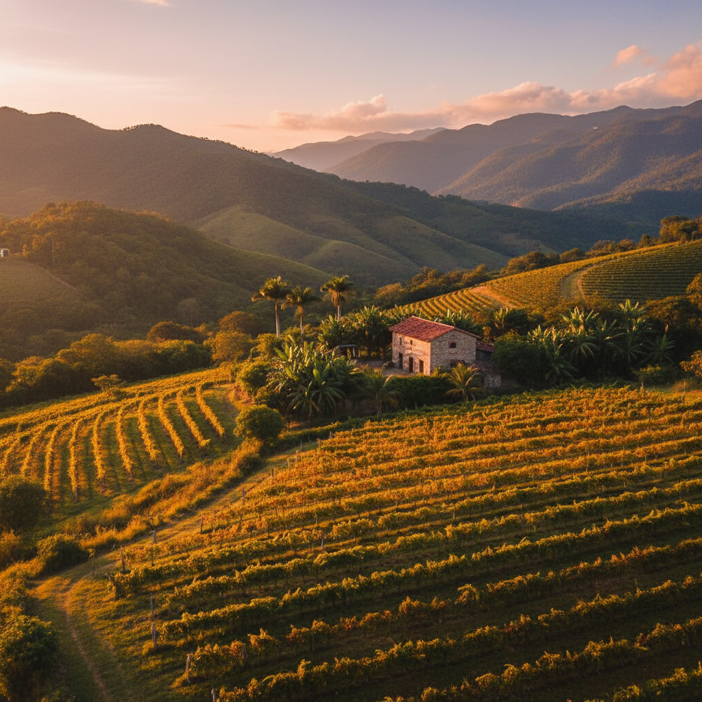 Vinhedo artesanal em El Salvador ou outra região não-tradicional da América Latina, com montanhas e vegetação exuberante ao fundo, sob a luz dourada do pôr do sol.