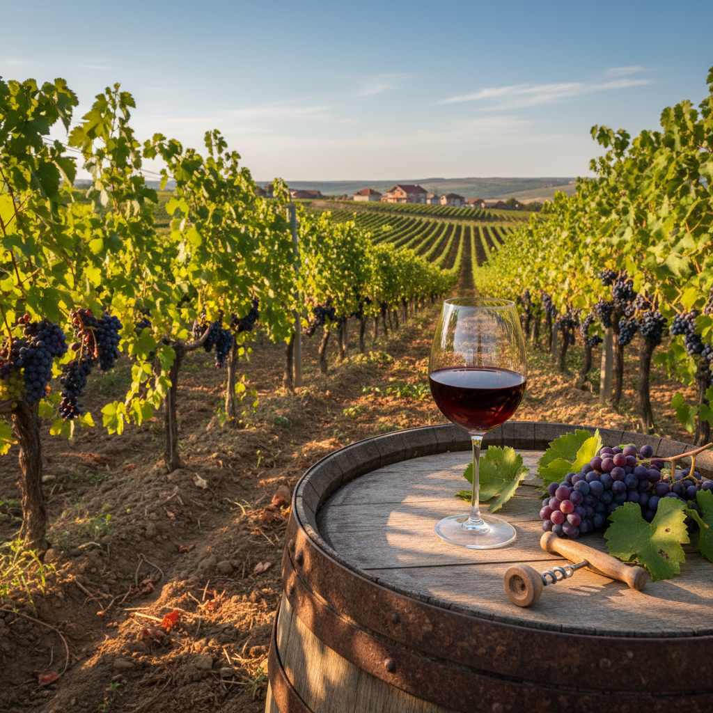 Taça de vinho tinto sobre um barril de madeira em um vinhedo ensolarado da Moldávia, destacando a beleza natural e a tradição vinícola da região.