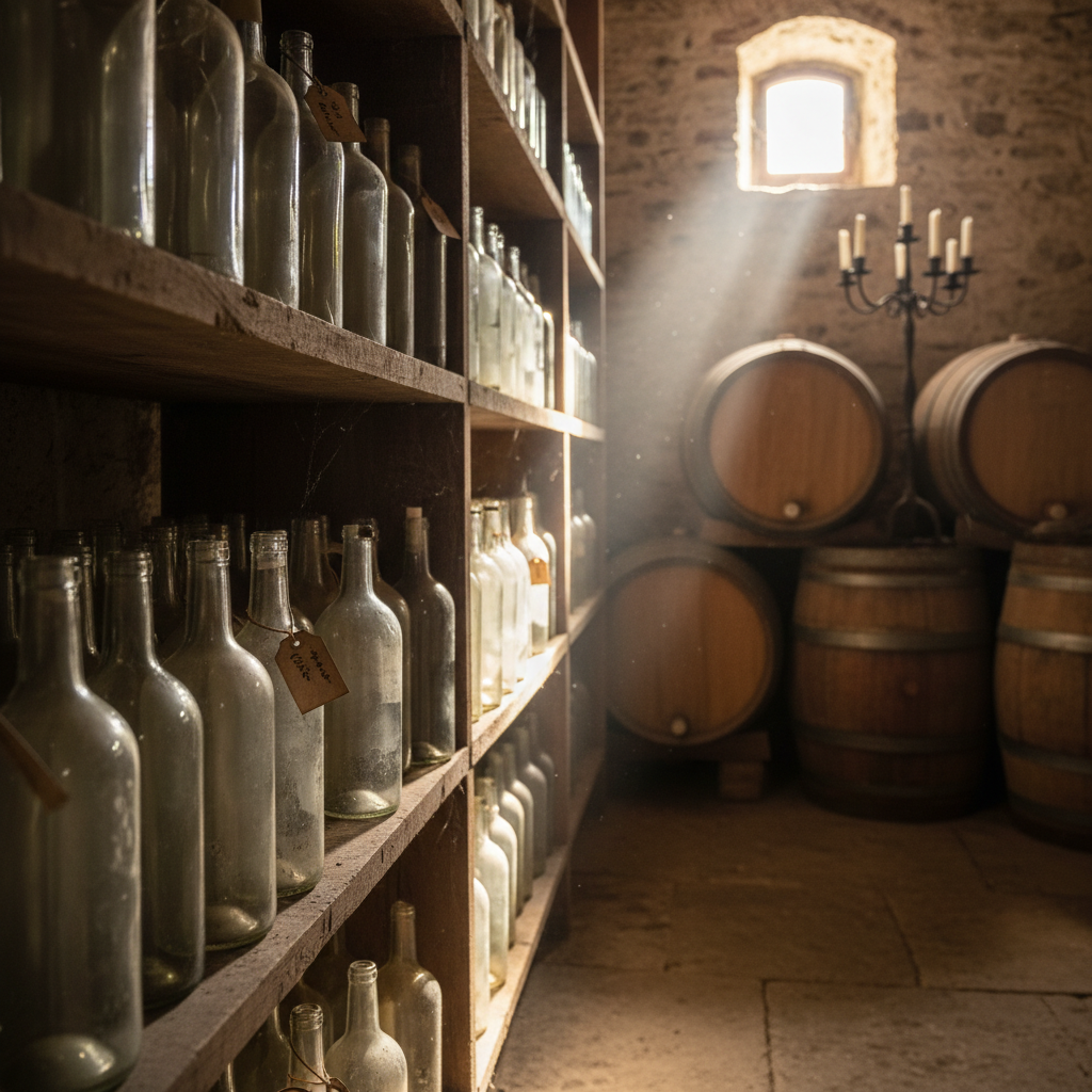 Adega rústica e escura com garrafas de vinho natural em prateleiras de madeira e barris ao fundo, com luz natural filtrando.