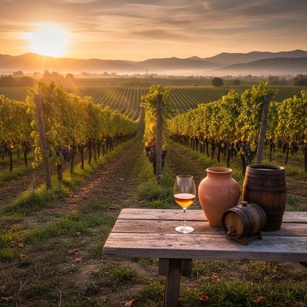 Vinhedo esloveno ao pôr do sol com um copo de vinho natural âmbar e um barril de carvalho, simbolizando a produção autêntica e sustentável.