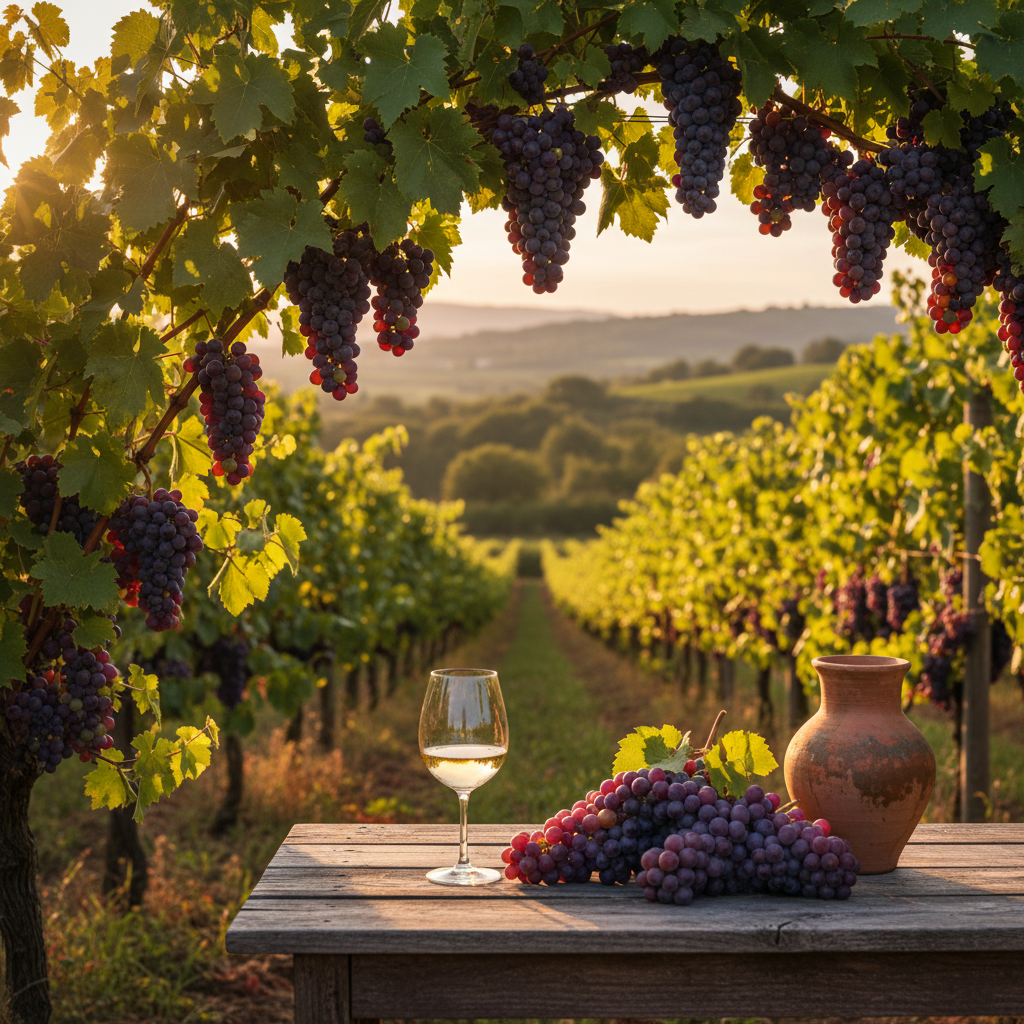 Taça de vinho natural levemente turvo em mesa de madeira rústica, com uvas frescas e ânfora de terracota, em vinhedo orgânico ao pôr do sol.